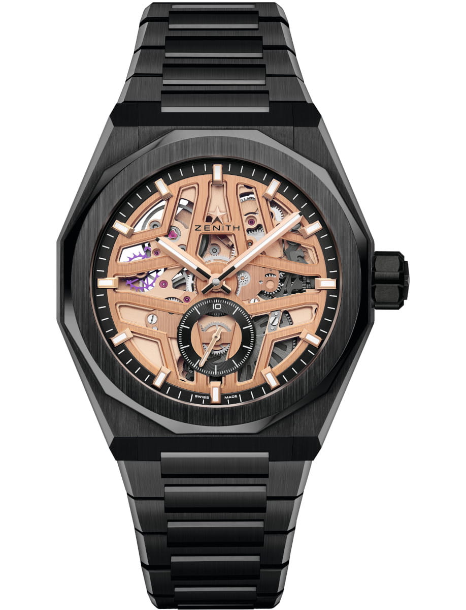 Defy Skyline 41mm in Black Ceramic on Black Ceramic Bracelet with Rose Gold Skeleton Dial