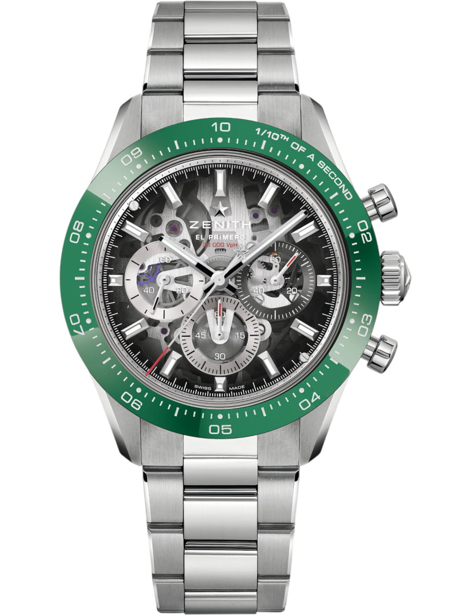 Chronomaster Sport 41mm in Steel with Green Ceramic Bezel on Steel Bracelet with Black Openworked Dial