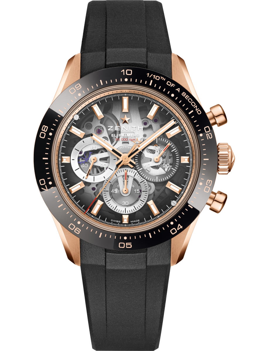 Chronomaster Sport 41mm in Rose Gold with Black Ceramic Bezel on Black Rubber Strap with Black Openworked Dial