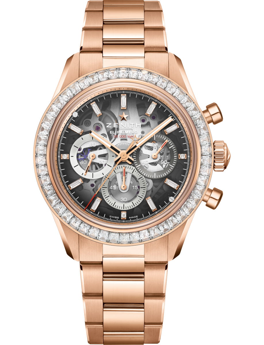 Chronomaster Sport 41mm in Rose Gold with Diamond Bezel on Rose Gold Bracelet with Black Openworked Dial - L.E 10 Pieces