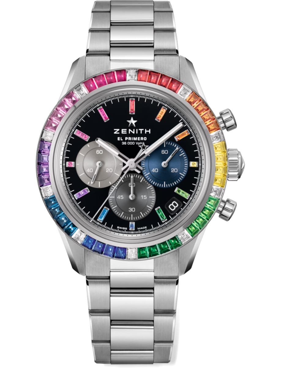 Chronomaster Sport 41mm in White Gold with Rainbow Baguette Diamond Bezel on White Gold Bracelet with Black Rainbow Diamond Dial