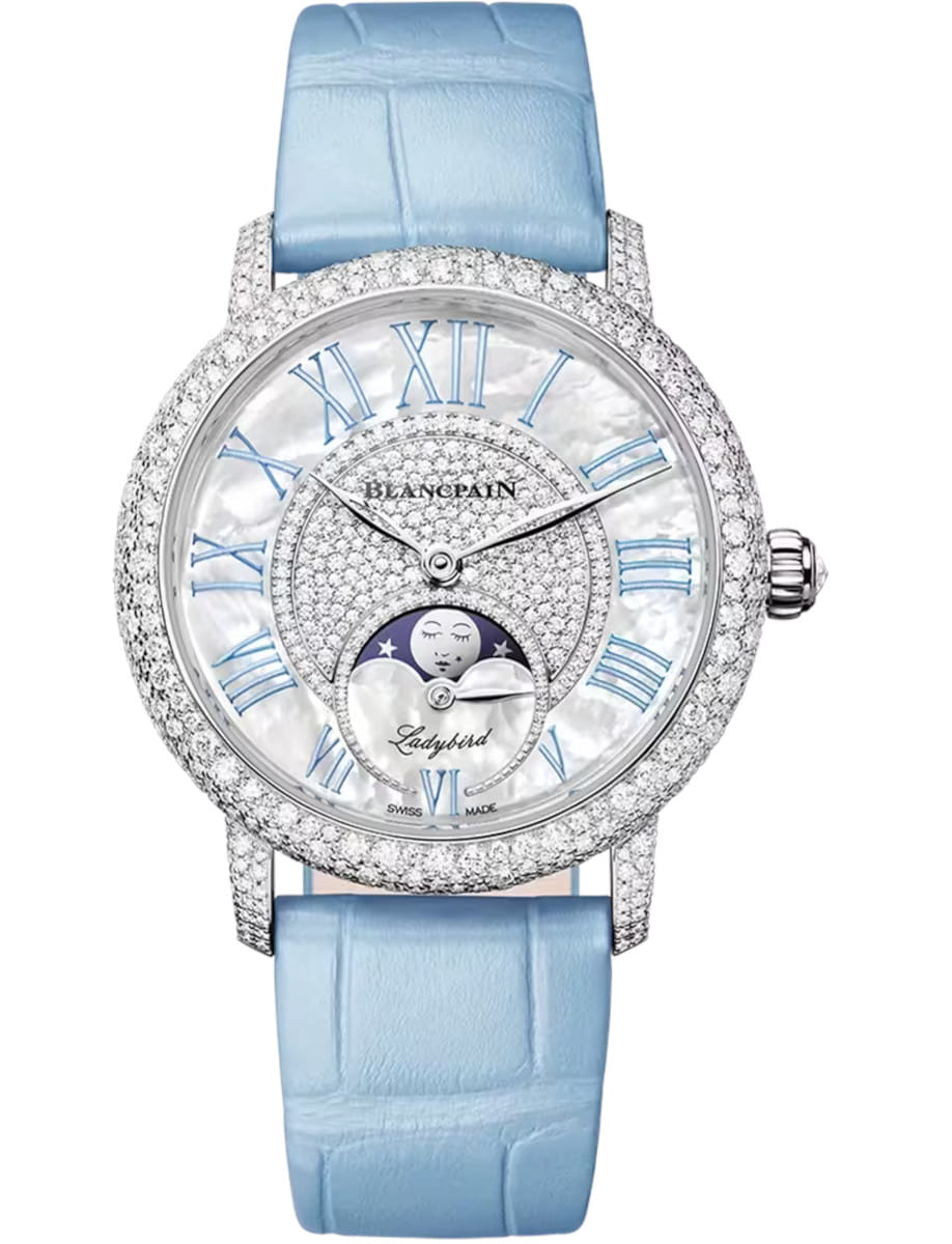 Ladybird Colors Phases de Lune in White Gold with Pave Diamond Case on Light Blue Crocodile Leather Strap with MOP Diamond Dial