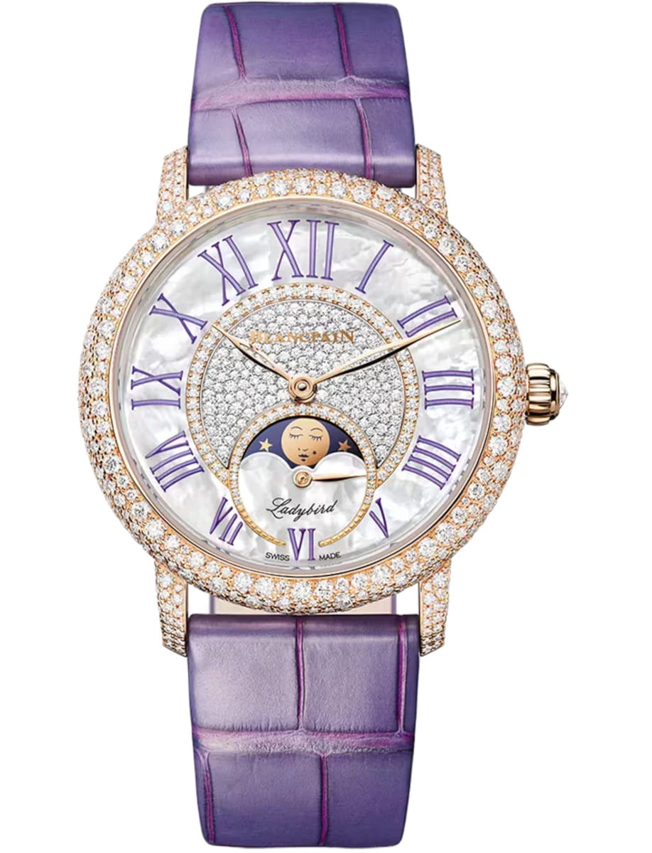 Ladybird Colors Phases de Lune in Rose Gold with Pave Diamond Case  on Purple Crocodile Leather Strap with MOP Diamond Dial