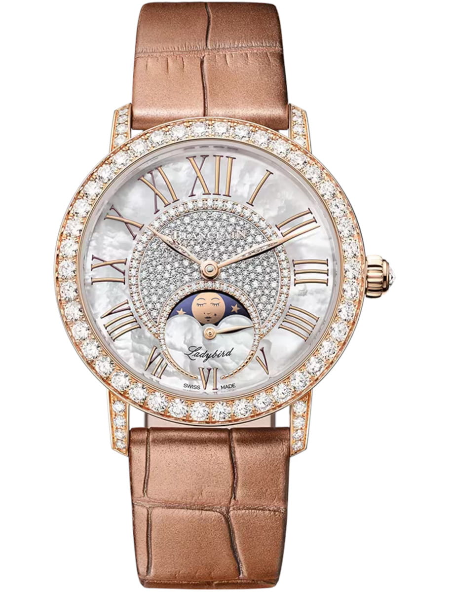 Ladybird Colors Phases de Lune in Rose Gold with Pave Diamond Case on Brown Crocodile Leather Strap with MOP Diamond Dial