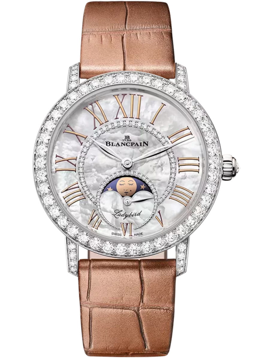 Ladybird Colors Phases de Lune in White Gold with Diamond Bezel on Brown Crocodile Leather Strap with MOP Dial