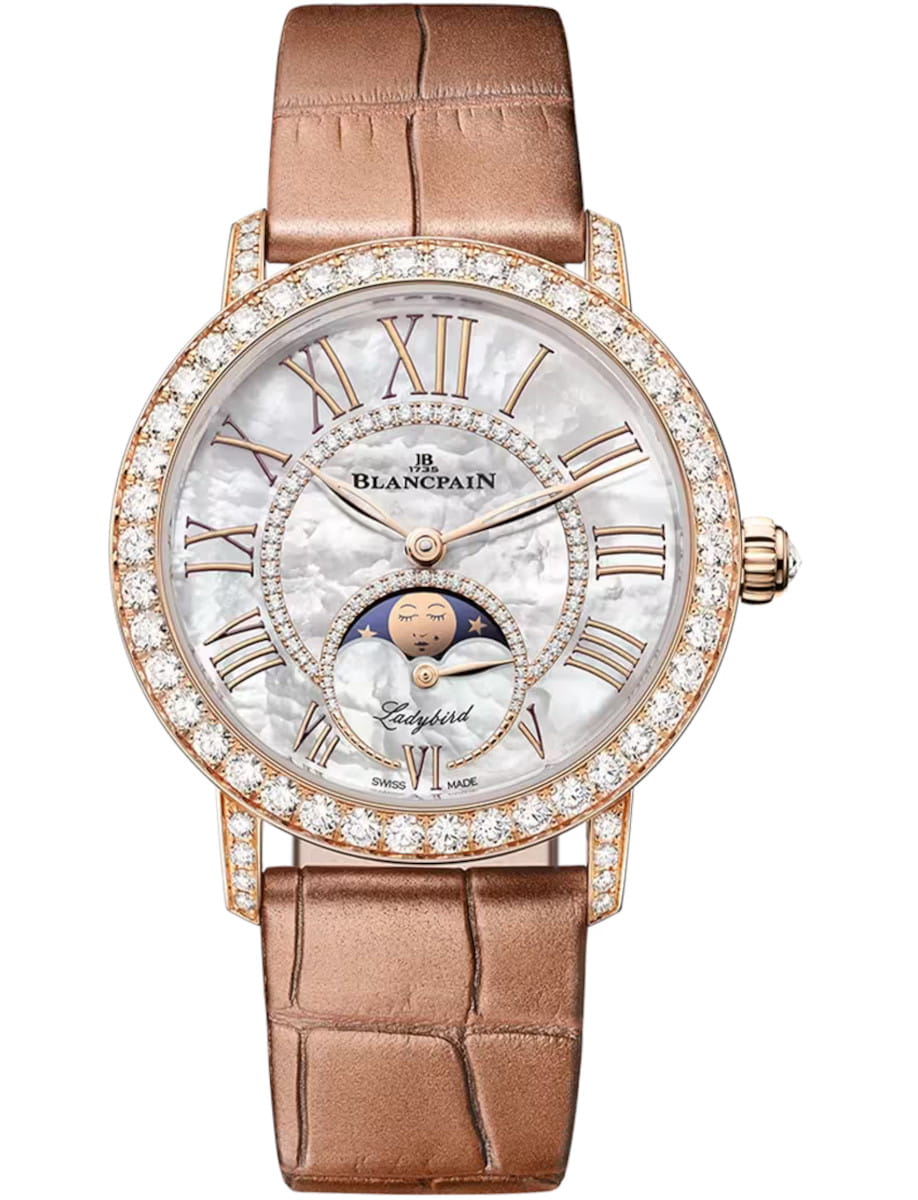 Ladybird Colors Phases de Lune in Rose Gold with Diamond Bezel on Brown Crocodile Leather Strap with MOP Dial