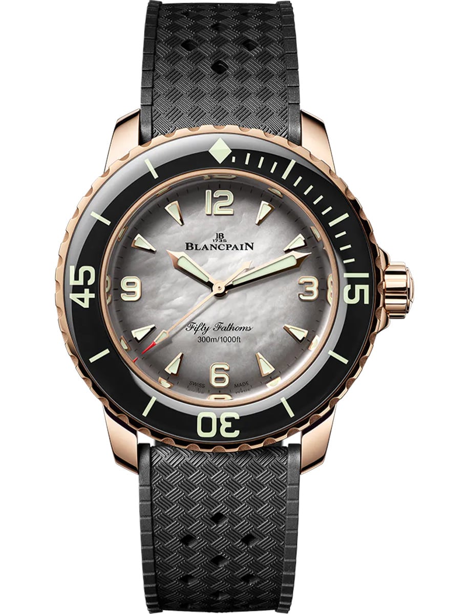 Fifty Fathoms Automatic 38.2mm in Red Gold with Black Sapphire Bezel on Black Rubber Strap with White MOP Dial