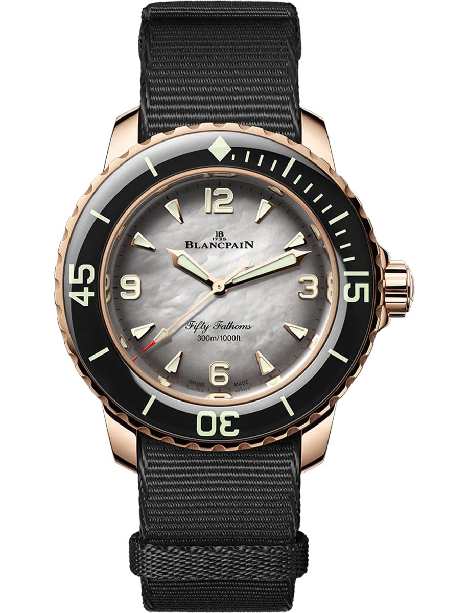 Fifty Fathoms Automatic 38.2mm in Red Gold with Black Sapphire Bezel on Black NATO Fabric Strap with White MOP Dial