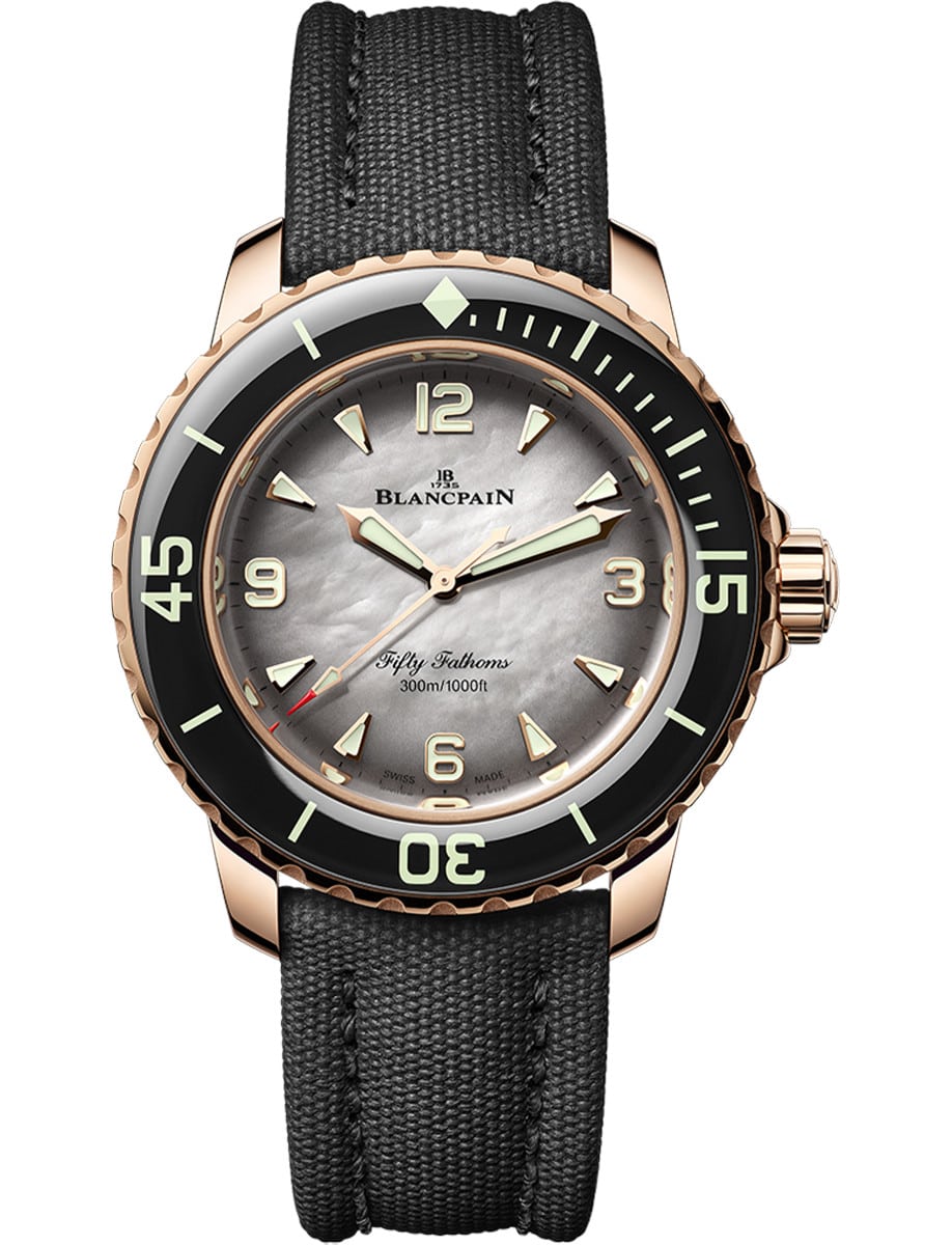 Fifty Fathoms Automatic 38.2mm in Red Gold with Black Sapphire Bezel on Black Sail Canvas Strap with White MOP Dial