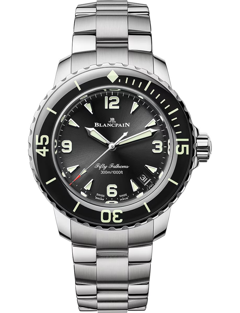 Fifty Fathoms Automatic 38.2mm in Steel with Black Sapphire Bezel on Steel Bracelet with Black Dial
