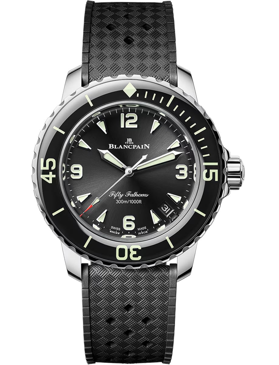 Fifty Fathoms Automatic 38.2mm in Steel with Black Bezel on Black Rubber Strap with Black Dial