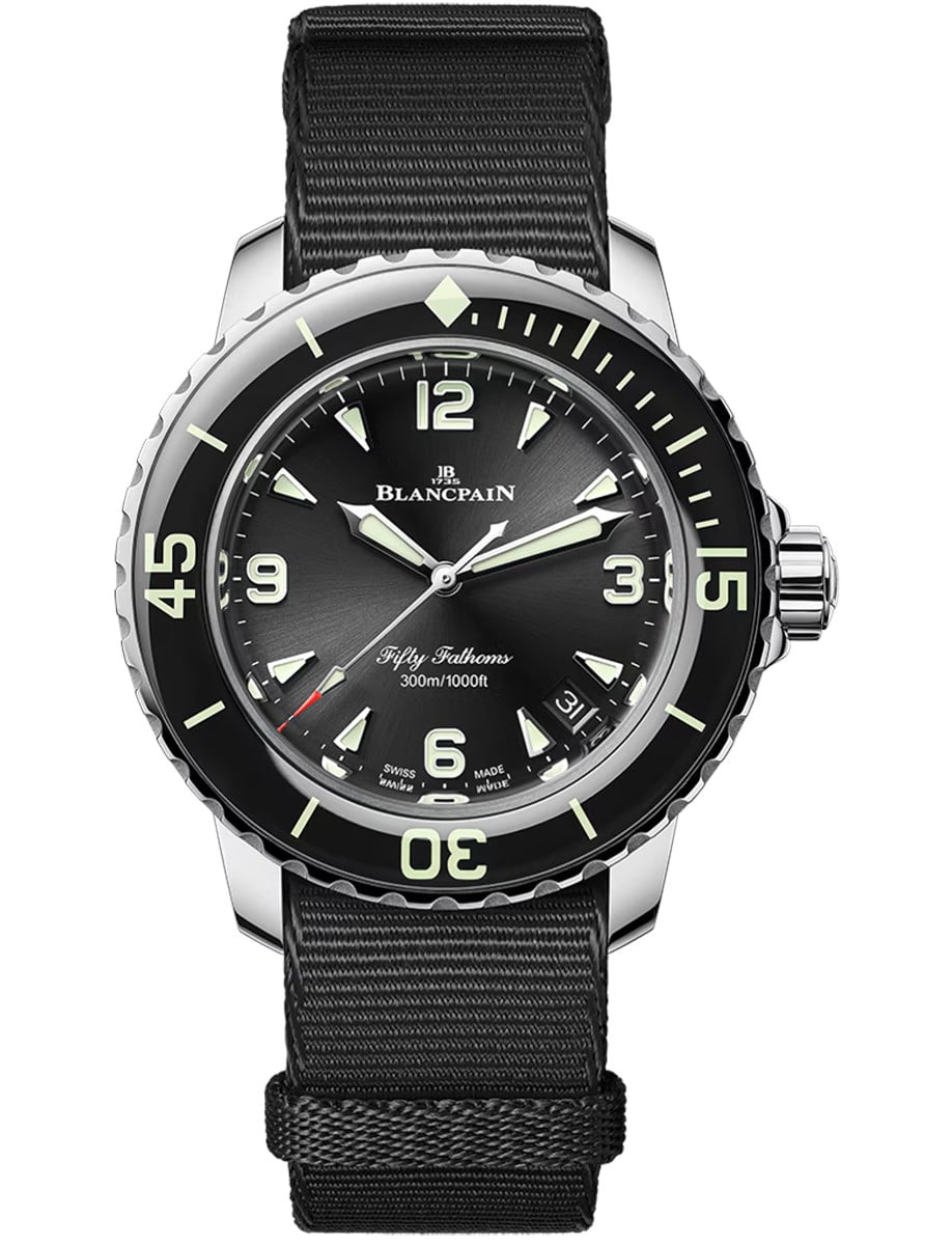 Fifty Fathoms Automatic 38.2mm in Steel with Black Bezel on Black Nato Strap with Black Dial