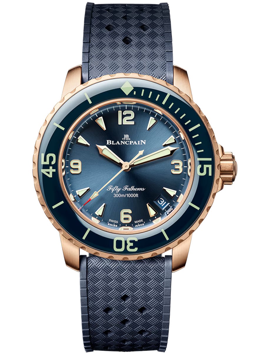 Fifty Fathoms Automatic 38.2mm in Rose Gold with Blue Sapphire Bezel on Blue Rubber Strap with Blue Dial