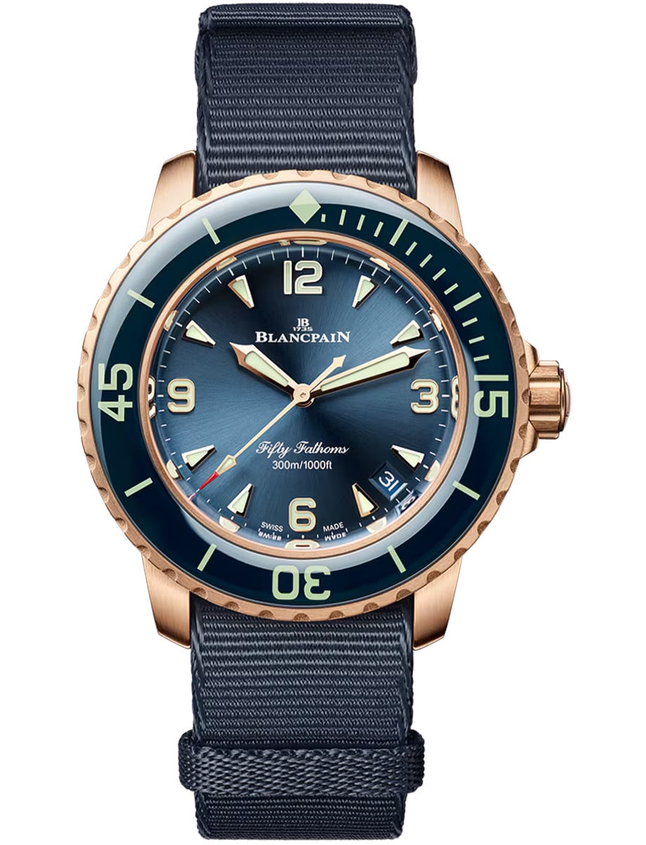 Fifty Fathoms Automatic 38.2mm in Rose Gold with Blue Sapphire Bezel on Blue Nato Strap with Blue Dial