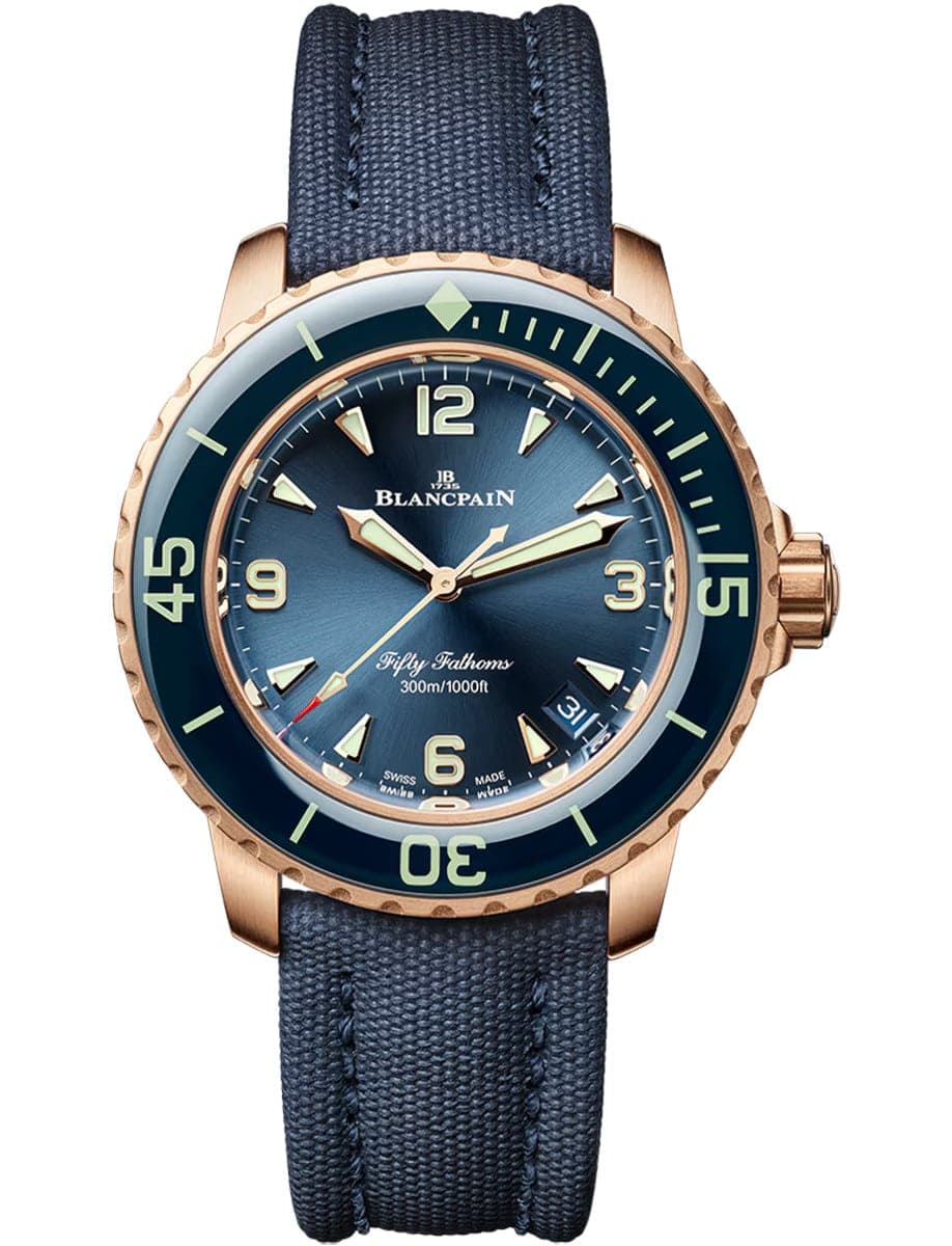 Fifty Fathoms Automatic 38.2mm in Rose Gold with Blue Sapphire Bezel on Blue Canvas Strap with Blue Dial