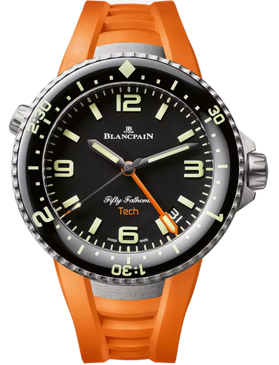 Fifty Fathoms Tech 47mm in Titanium with Black Bezel on Orange Rubber Strap with Black Dial