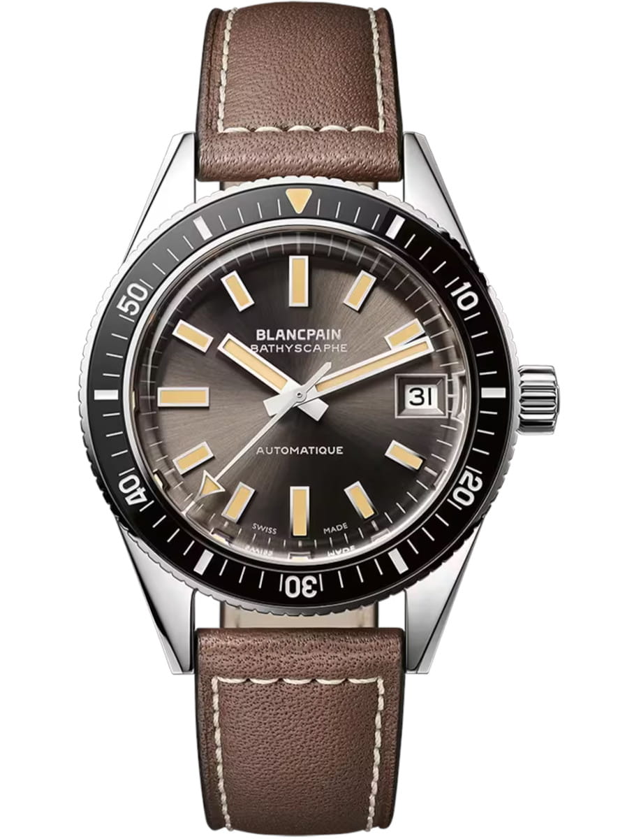 Fifty Fathoms Bathyscaphe 37.4mm in Steel with Black Bezel on Brown Calfskin Leather Strap with Grey Dial - Limited to 300 pieces