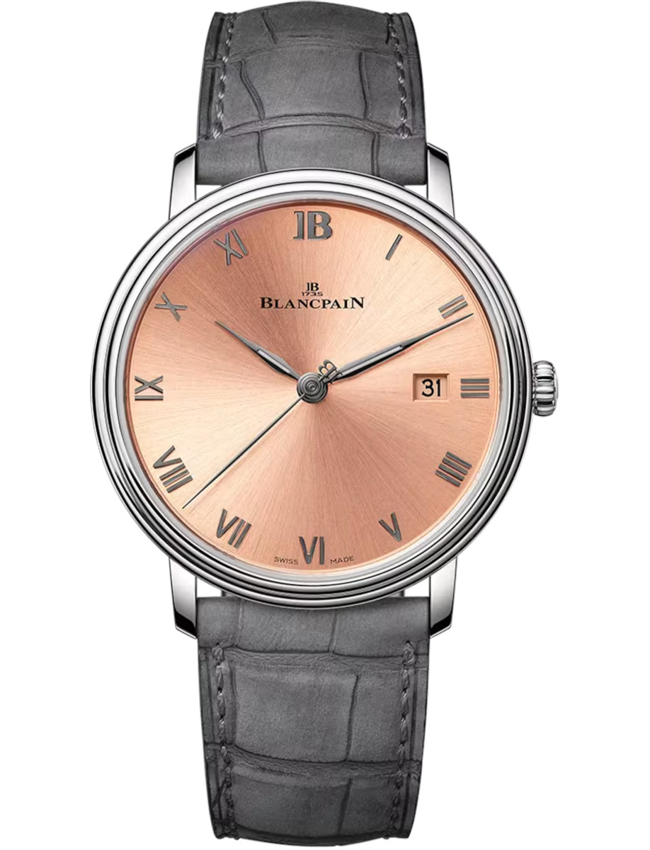 Villeret Ultraplate 38mm in Steel on Grey Crocodile Leather Strap with Pink Dial