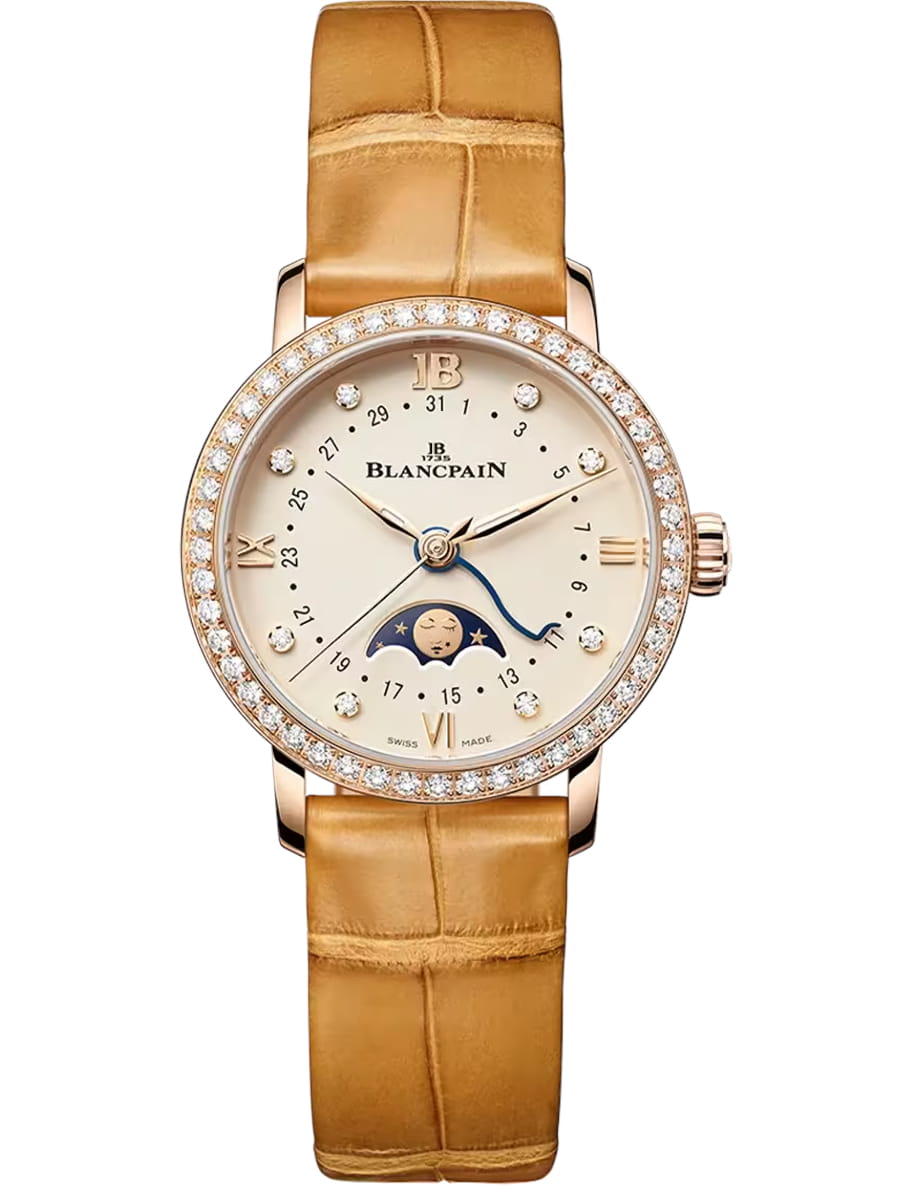 Villeret Phases de Lune 29.2mm in Red Gold with Diamond Bezel on Tan Crocodile Leather Strap with Opaline Diamond Dial