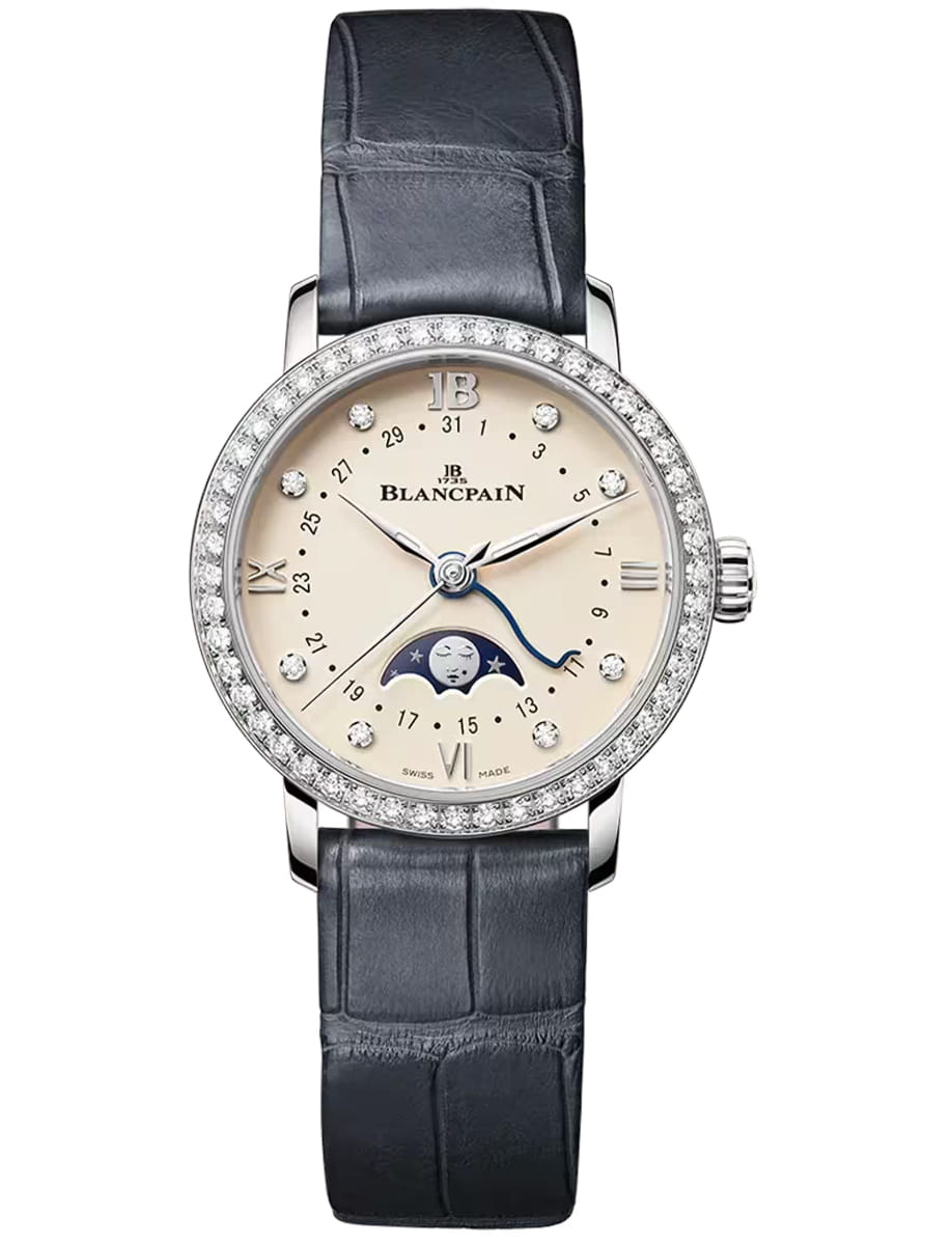 Villeret Phases de Lune 29.2mm in Steel with Diamond Bezel on Black Crocodile Leather Strap with Opaline Diamond Dial