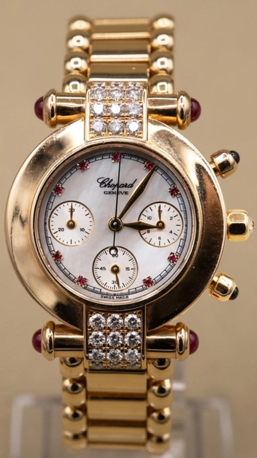 Imperial Chronograph Yellow Gold on Bracelet with Sapphire Mother of Pearl Dial with Rubies