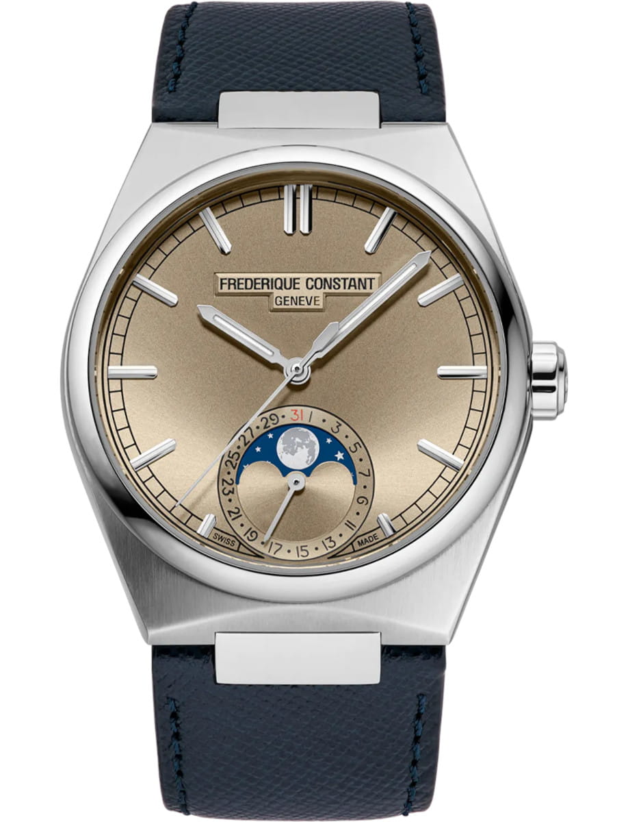 Highlife Moonphase Date 39mm in Steel on Blue Leather Strap with Brass Dial
