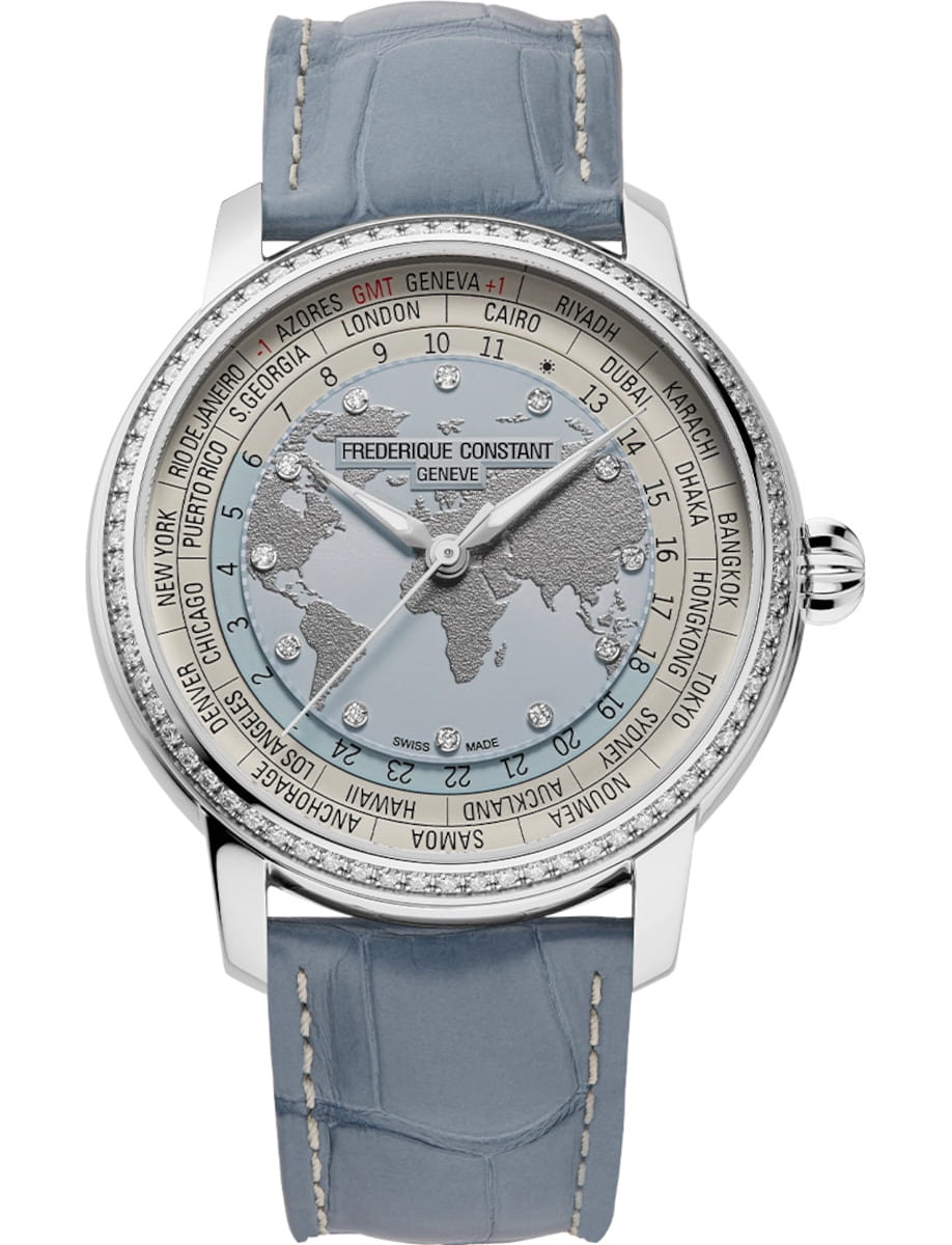 Classic Worldtimer 40mm in Steel with Diamond Bezel on Light Blue Alligator Leather Strap with Light Blue Dial