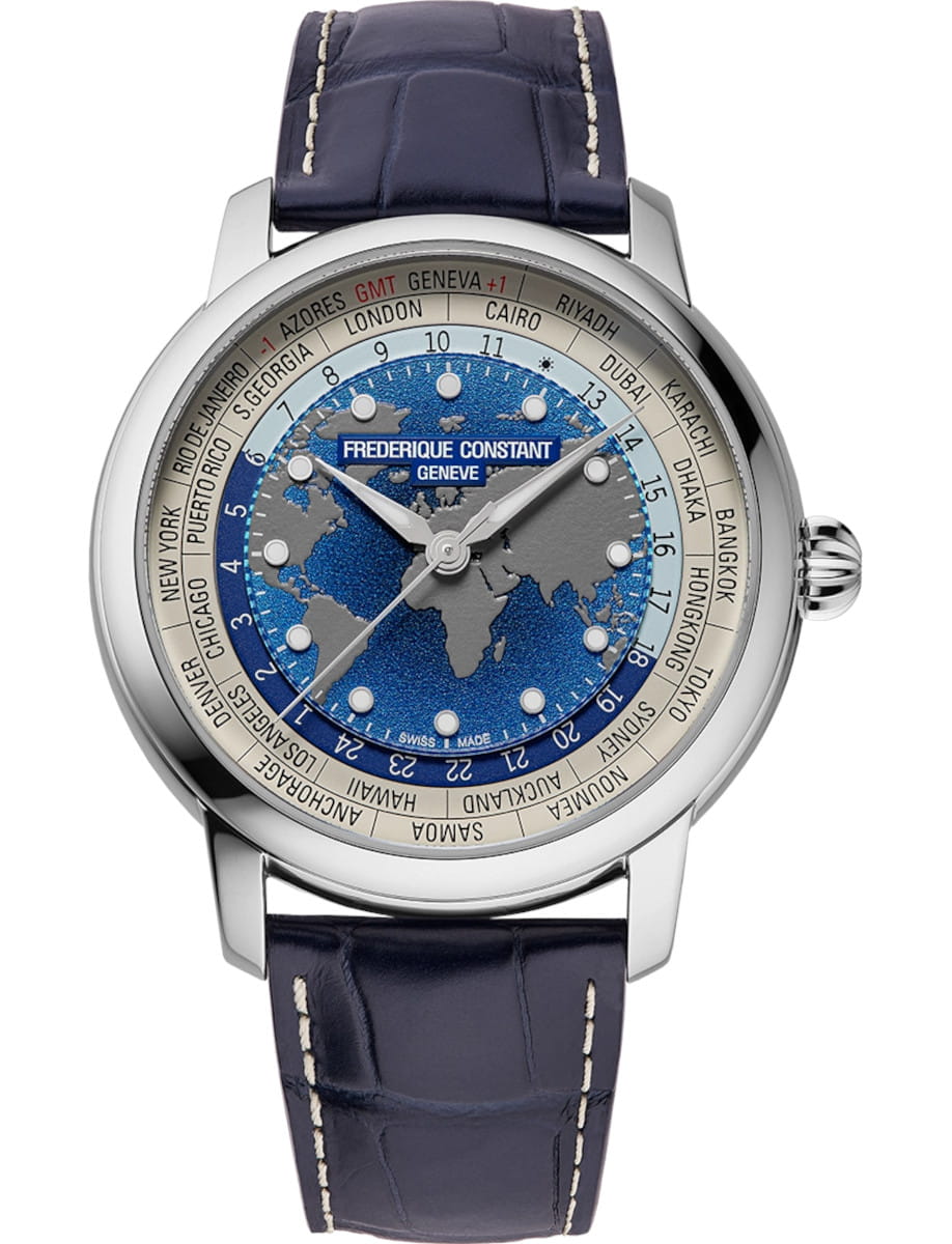Classic Worldtimer 40mm in Steel on Navy Blue Alligator Leather Strap with Deep Blue Dial