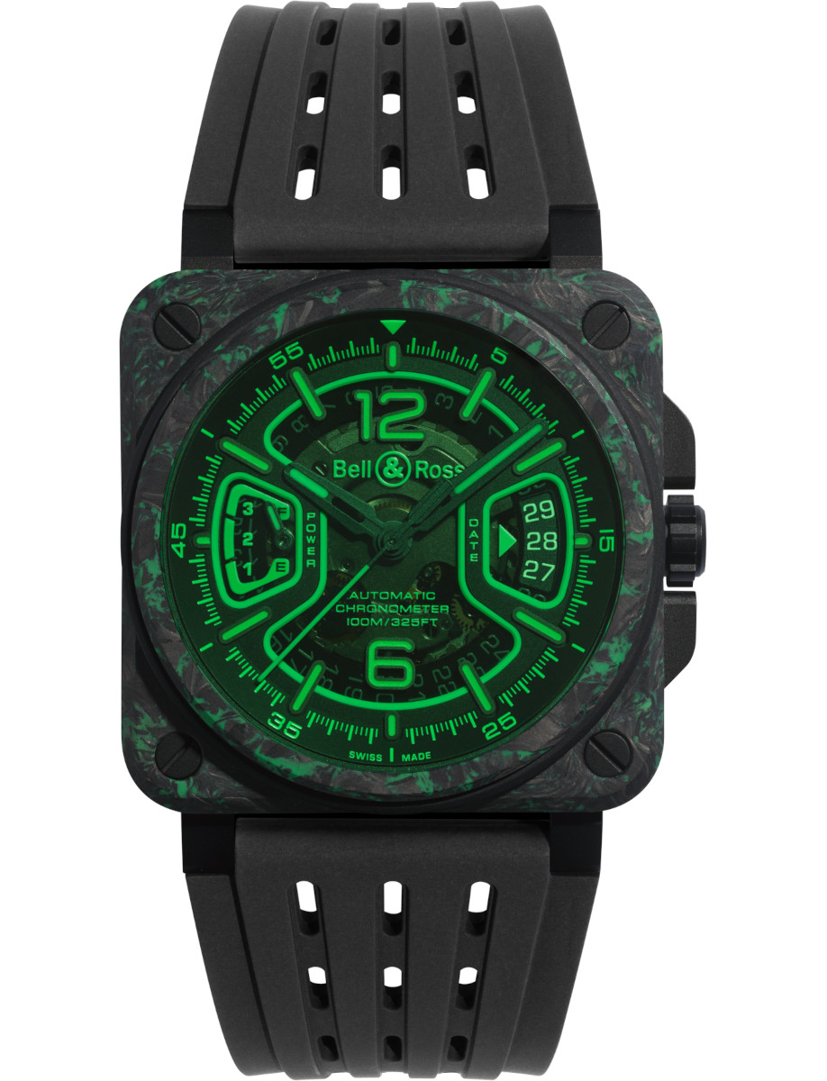 Professional BR-X3 Night Vision 41mm in Black DLC Titanium on Black Rubber Strap with Green Dial