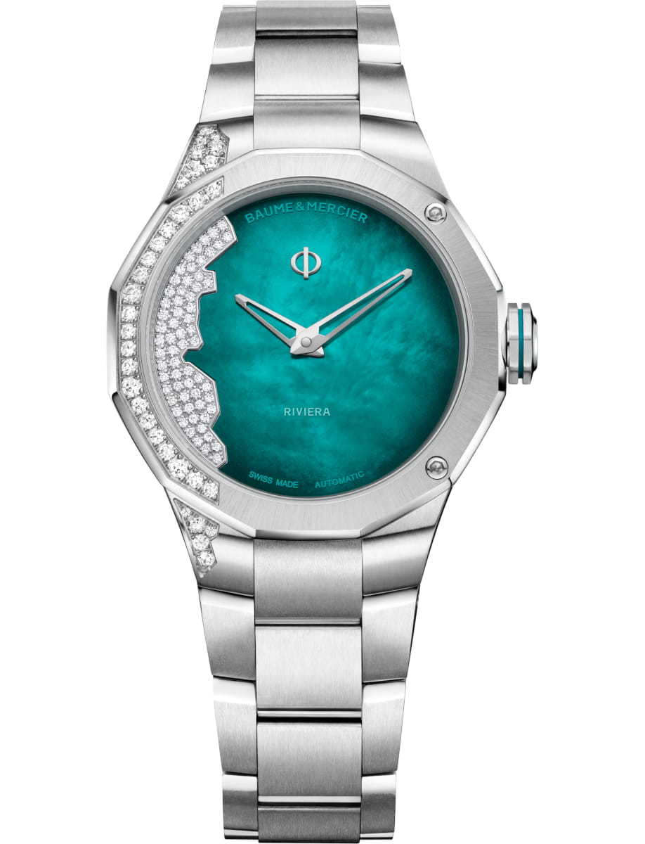 Riviera 33mm Automatic in Steel with Partial Diamond Bezel on Steel Bracelet with Green MOP Dial