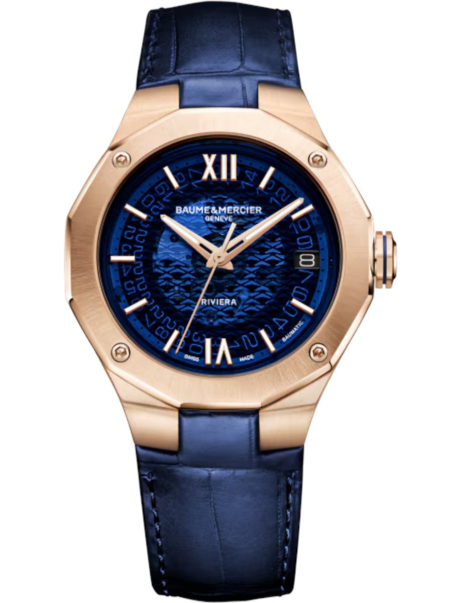 Riviera 39mm Automatic in Rose Gold on Blue Crocodile Leather Strap with Blue Dial