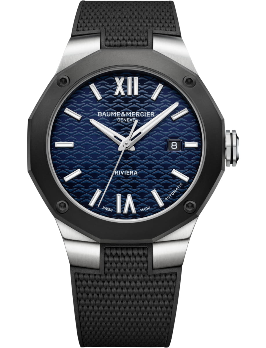 Riviera 42mm Automatic in Steel on Black Rubber Strap with Blue Dial