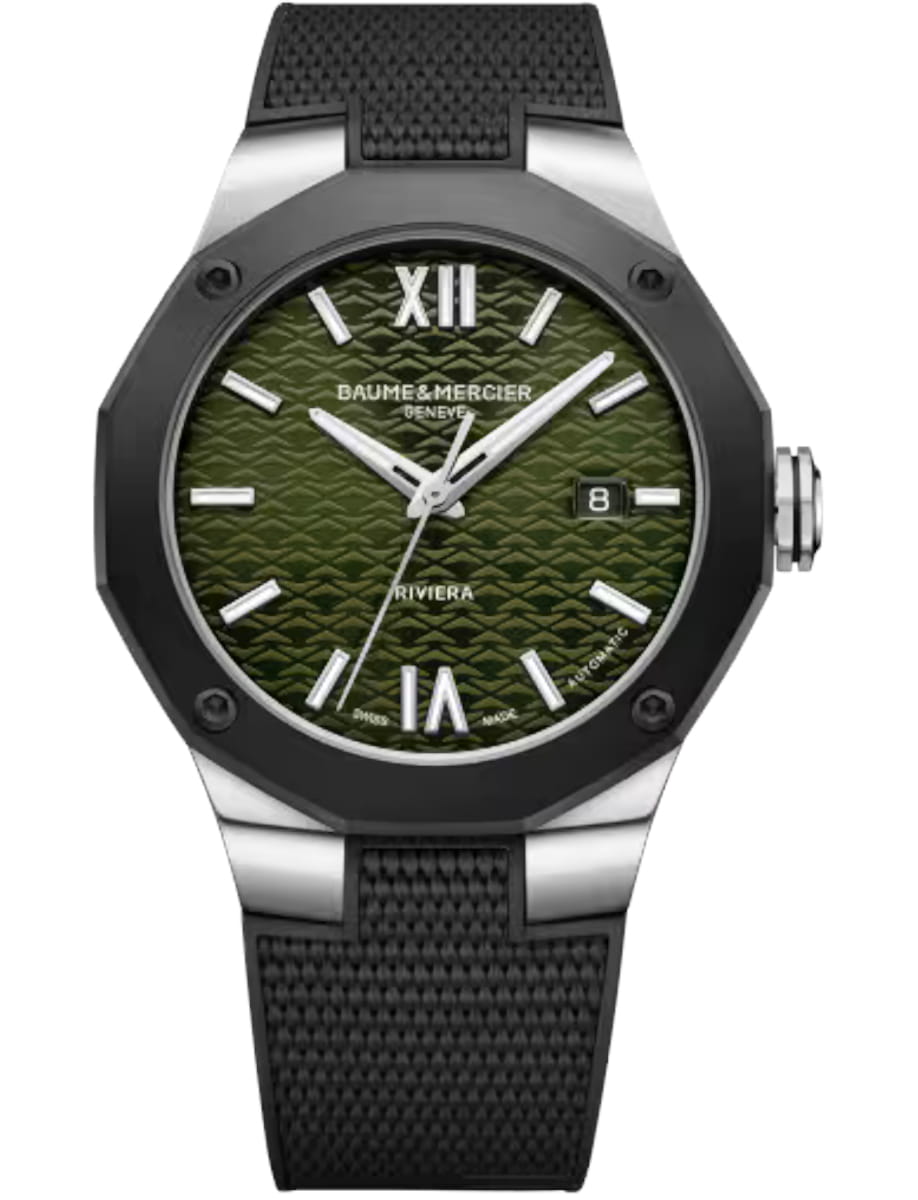 Riviera 42mm Automatic in Steel on Black Rubber Strap with Green Dial