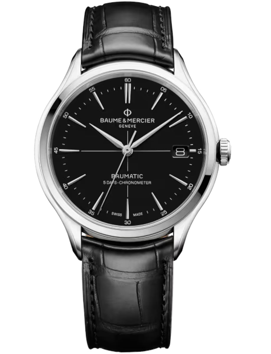 Clifton 40mm Automatic in Steel on Black Alligator Leather Strap with Black Dial