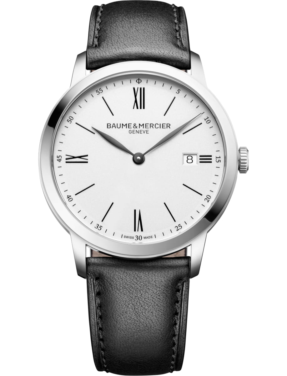 Clifton 40mm Quartz in Steel on Black Calfskin Leather Strap with White Dial