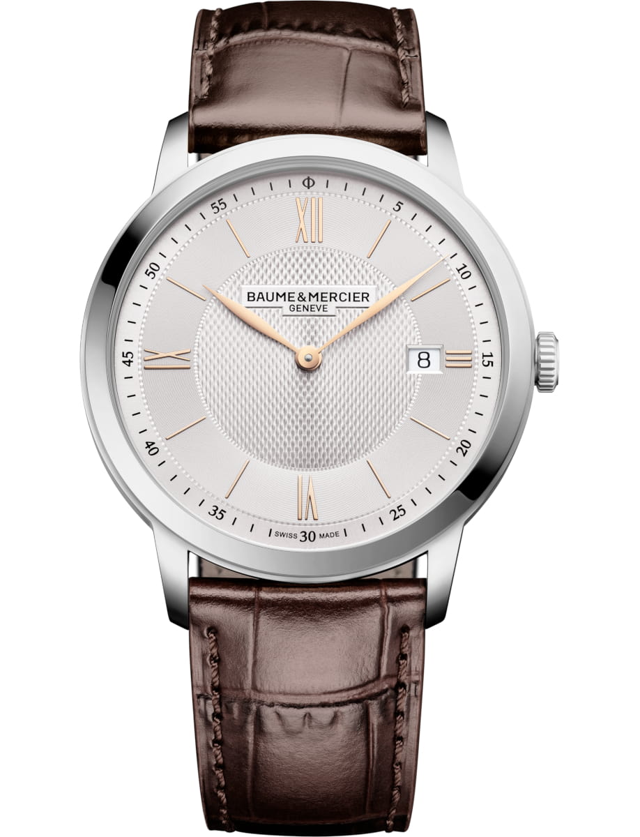 Classima Date 40mm Quartz in Steel on Brown Crocodile Leather Strap with Silver Dial