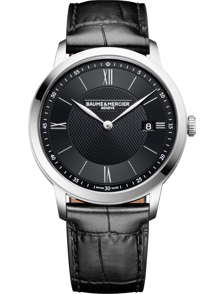Classima Date 40mm Quartz in Steel on Black Crocodile Leather Strap with Black Dial
