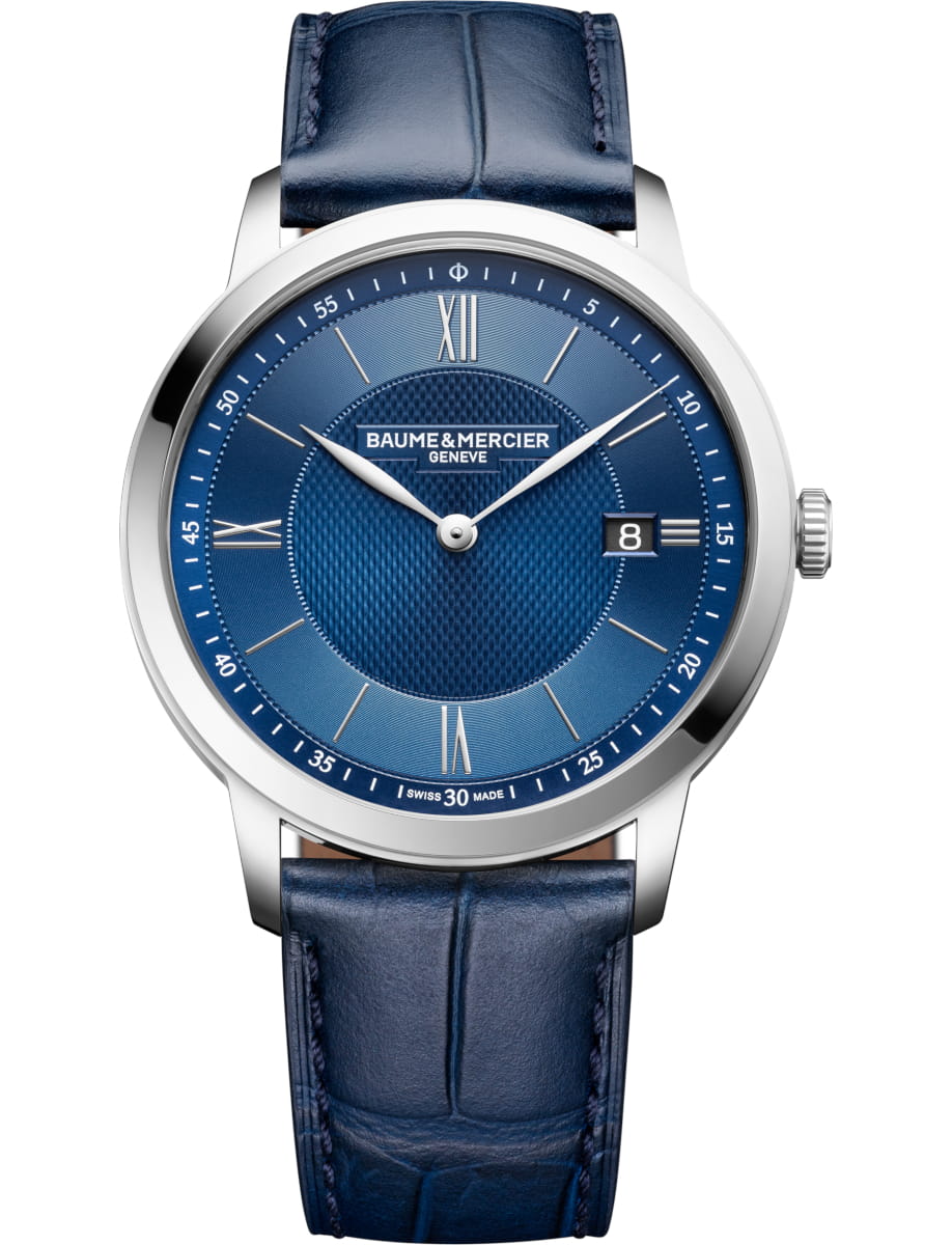 Classima Date 40mm Quartz in Steel on Blue Crocoidle Leather Strap with Blue Dial