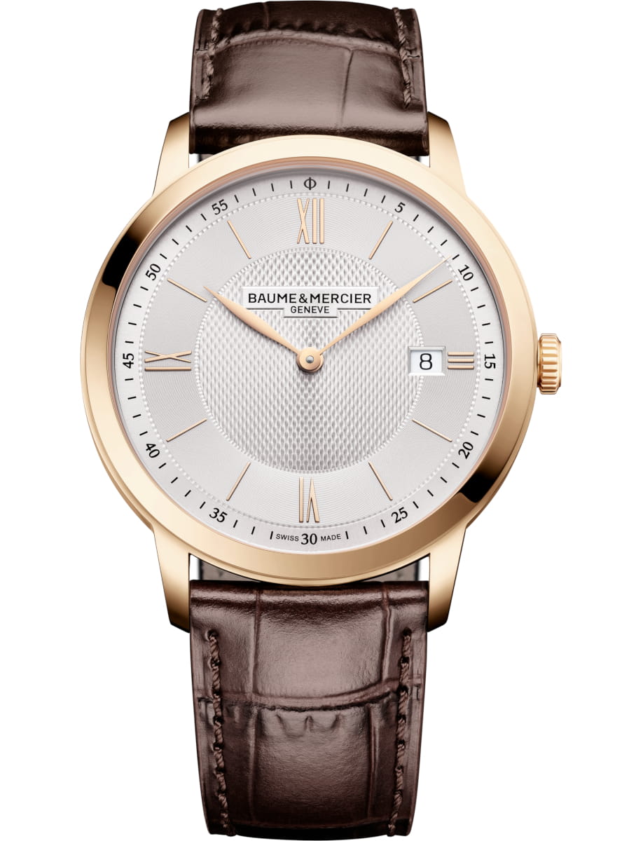Classima Date 40mm Quartz in Gold Plated Steel on Brown Crocoidle Leather Strap with Silver Dial