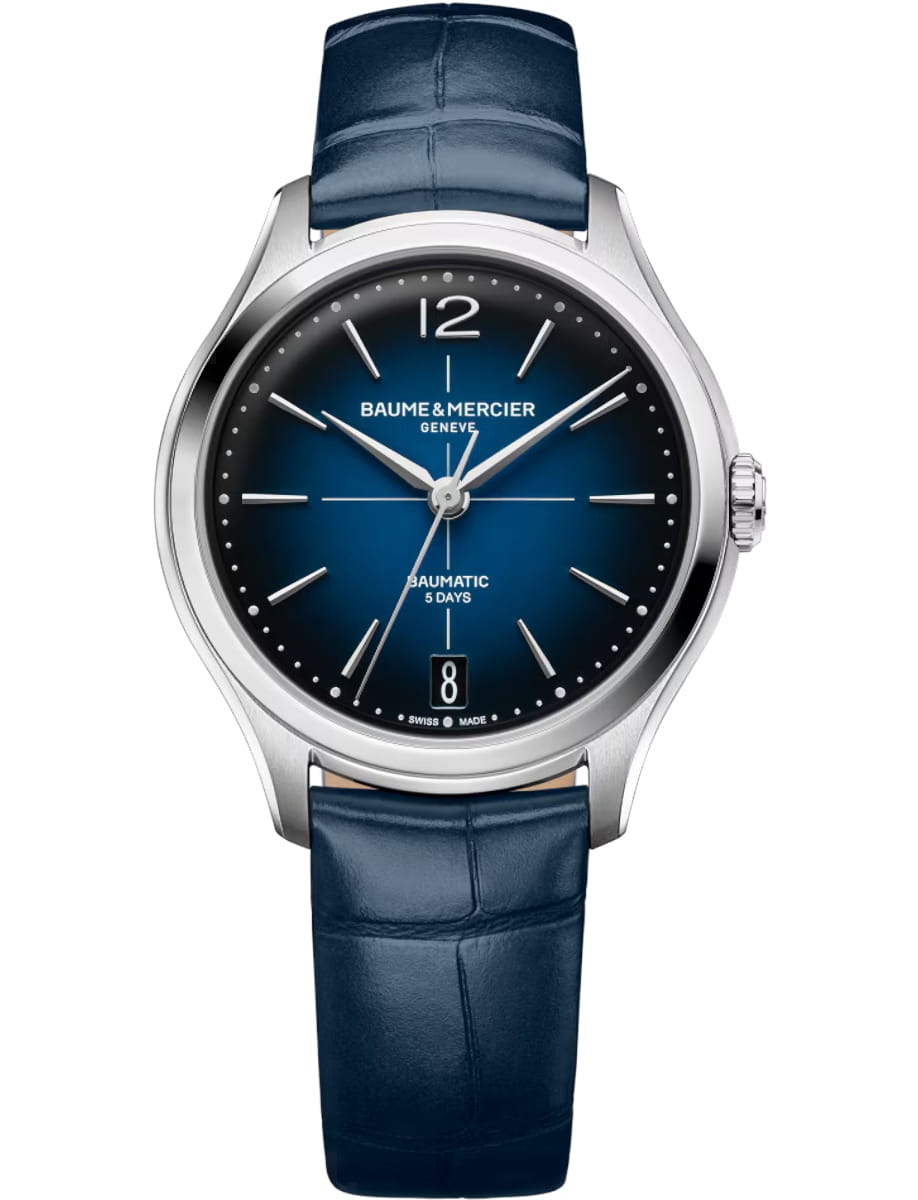 Clifton 34mm Automatic in Steel on Blue Crocodile Leather Strap with Gradient Blue Dial