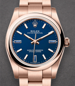 Oyster Perpetual 34mm in Rose Gold on Rose Gold Bracelet with Blue Dial