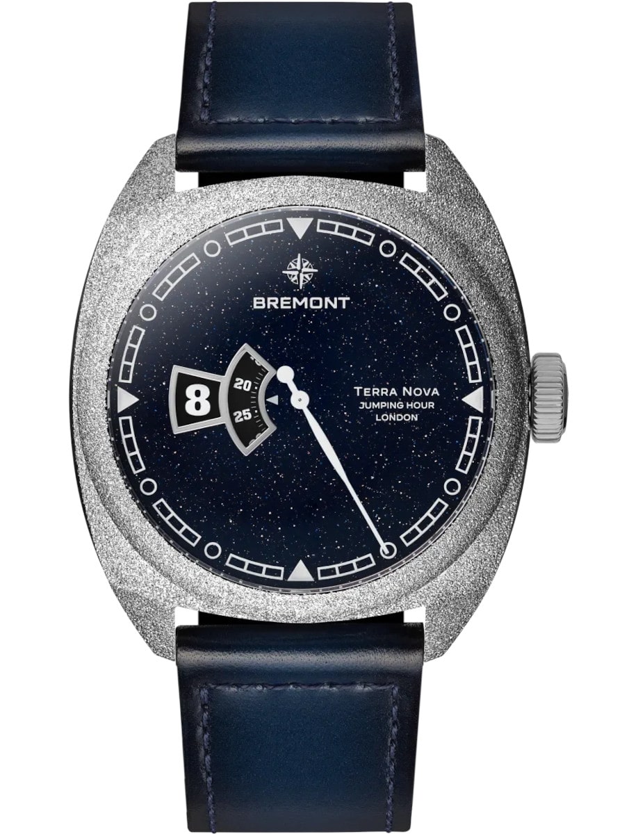 Terra Nova Jumping Hour 40.5mm in Steel - L.E 50 Piece on Blue Leather Strap with Blue Aventurine Dial
