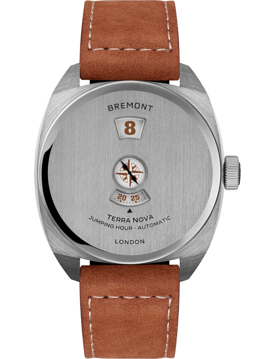 Terra Nova Jumping Hour 38mm in Steel on Brown Leather Strap with Silver Dial