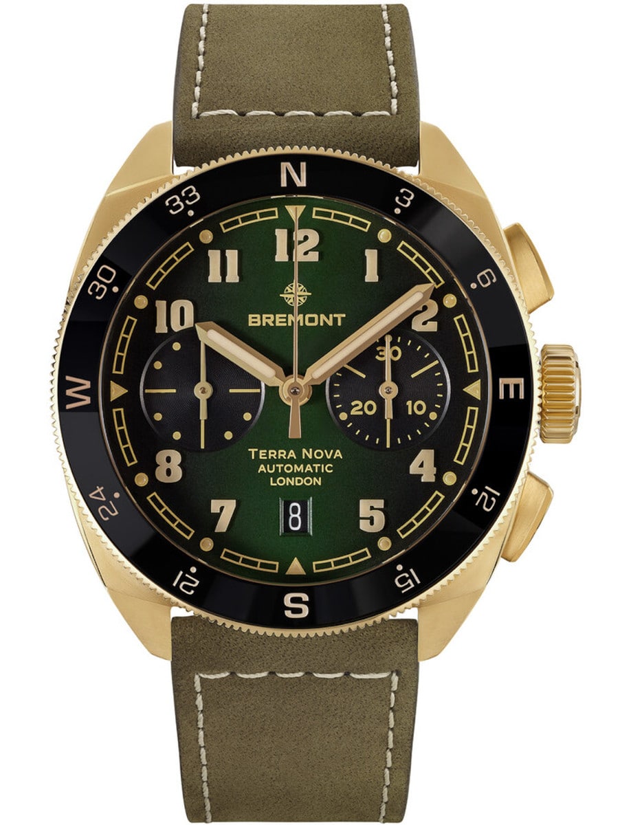 Terra Nova 42.5 Chronograph in Bronze on Khaki Green Nubuck Leather Strap with Gradient Green Dial