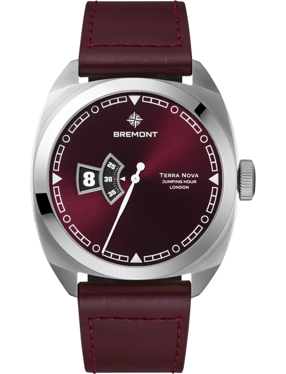 Terra Nova Jumping Hour 40.5mm in Steel  on Burgundy Leather Strap with Burgundy Dial