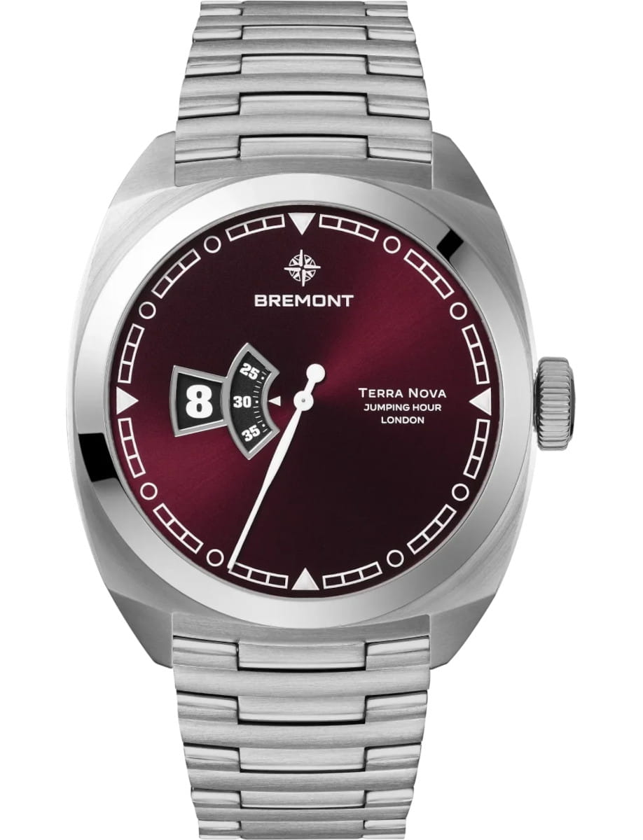 Terra Nova Jumping Hour 40.5mm in Steel on Steel Bracelet with Burgundy Dial