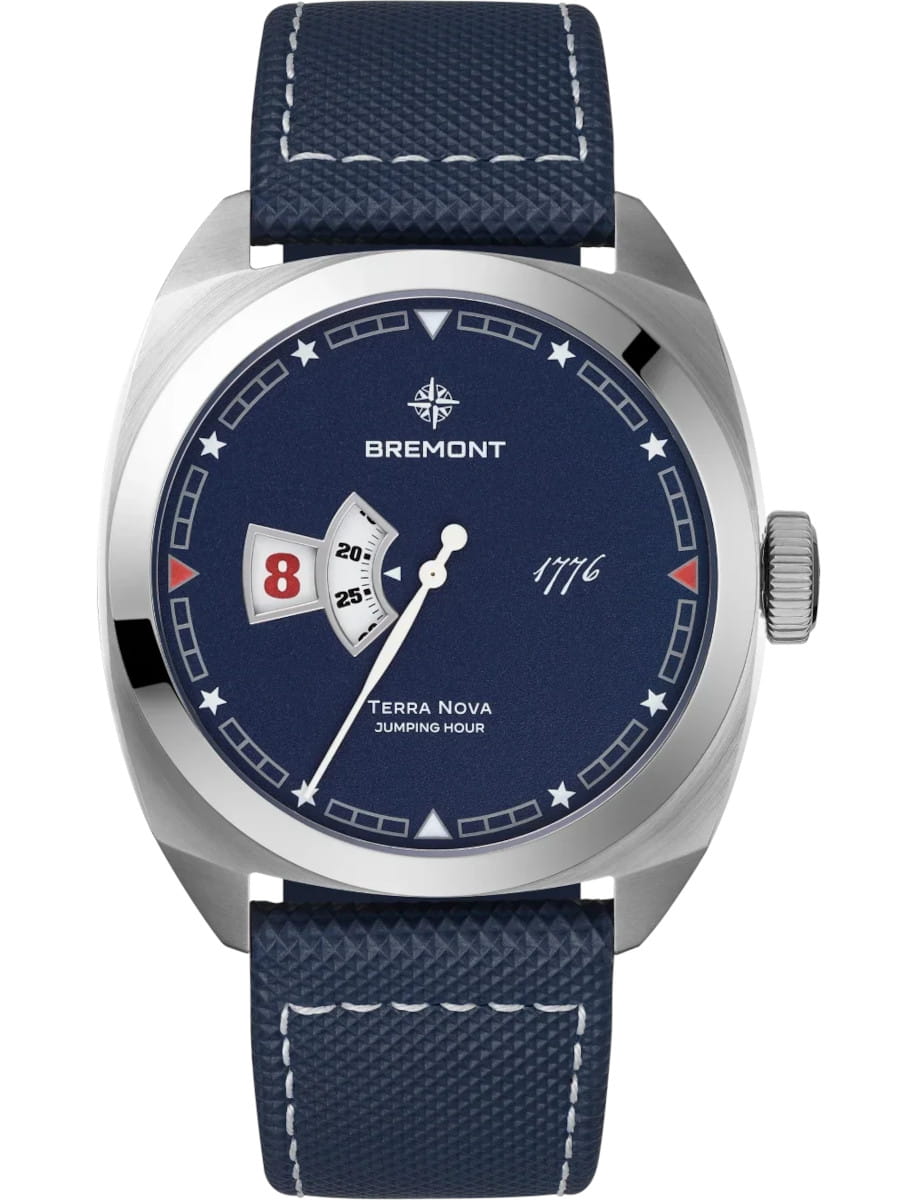 Terra Nova Jumping Hour 40.5mm in Steel - L.E 250 Piece on Blue Leather Strap with Grained Blue Dial