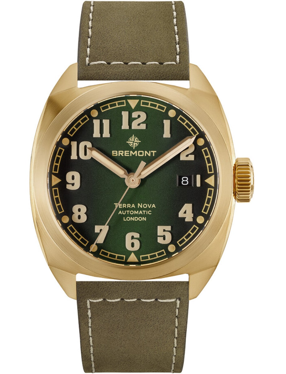Terra Nova 40.5mm Date in Bronze on Khaki Green Nubuck Leather Strap with Gradient Green Dial