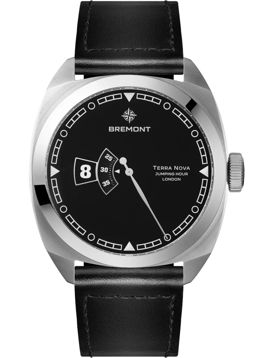 Terra Nova 40.5 Jumping Hour in Steel on Black Leather Strap with Black Dial