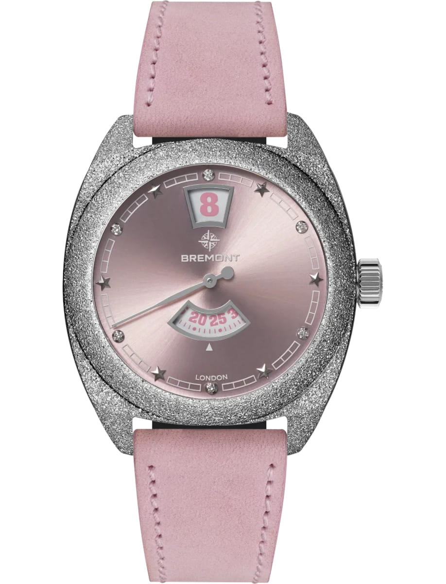 Terra Nova 35mm Jumping Hour in Steel- Limied to 200 pcs on Pink Nubuck Leather Strap with Pink Sunray Dial